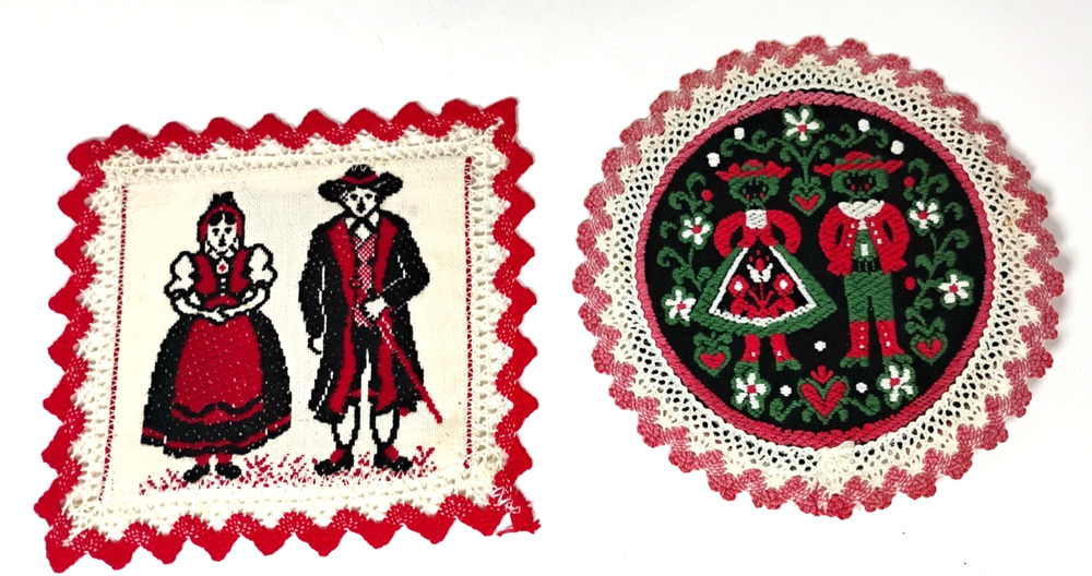 Vintage Austria Folk Dancer Doily Coaster Set 2 Lace Embroidered Cottagecore